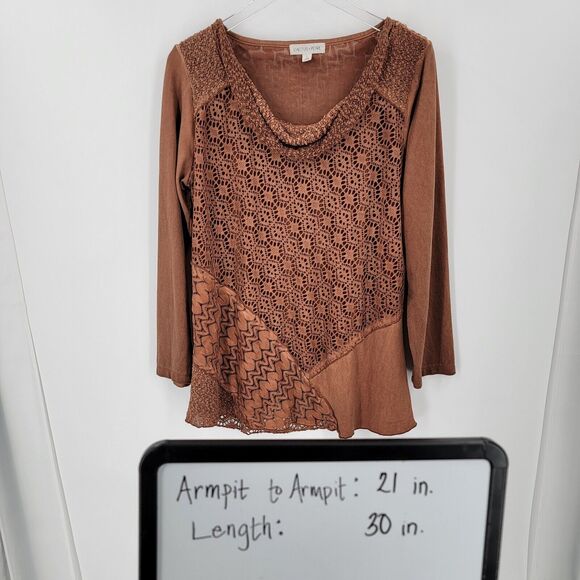 Cactus + Pearl Blouse Women's Large Cowl Neck Lace Overlay Brown - Picture 10 of 10